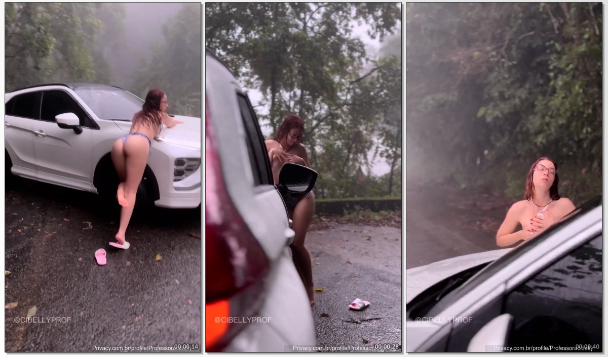 Cibelly Ferreira mostrando a calcinha encharcada na chuva com tudo entalado no bumbum