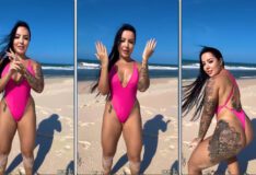 Morena Brena Barbosa dançando na praia com um maiô coladinho realçando as curvas