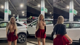 Karlyane Menezes dando um show no posto de gasolina, exibindo as teta e rebolando com a saia levantada