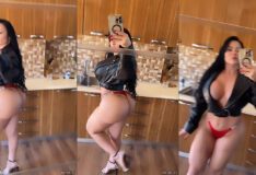 Sheyla Mell, vestindo um top decotado e uma calcinha marcando bem o bumbum