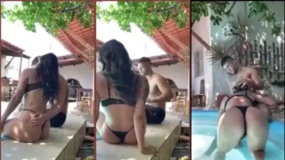 Samanta Andrade se diverte na piscina de casa enquanto curte momentos íntimos