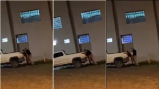 Casal sendo flagrado em vídeo amador fudendo gostoso atrás da caminhonete durante a noite